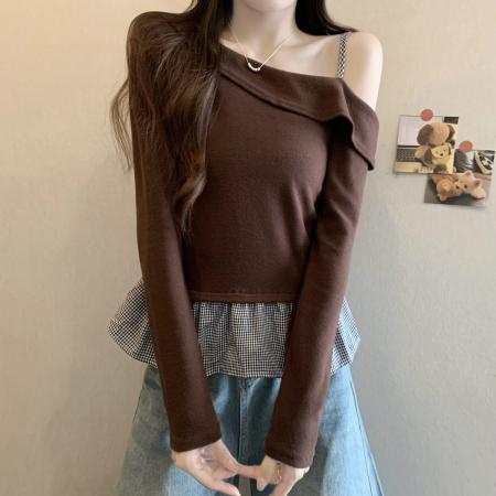 FA43359# 新版韩风设计感格子拼接假两件斜肩褶皱上衣 服裝批發女裝批發服飾貨源