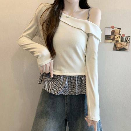 FA43359# 新版韩风设计感格子拼接假两件斜肩褶皱上衣 服裝批發女裝批發服飾貨源