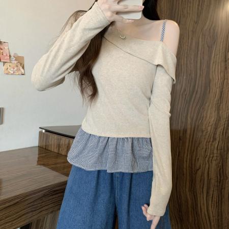 FA43359# 新版韩风设计感格子拼接假两件斜肩褶皱上衣 服裝批發女裝批發服飾貨源