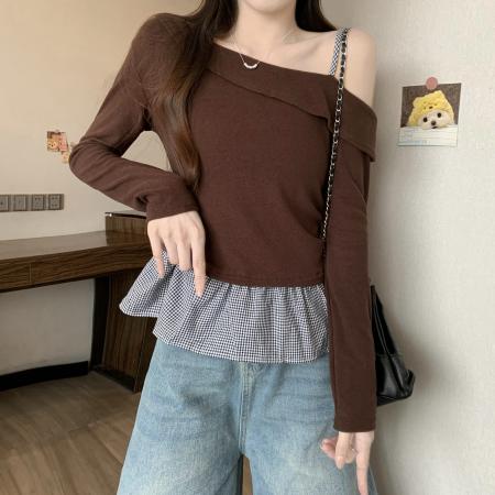 FA43359# 新版韩风设计感格子拼接假两件斜肩褶皱上衣 服裝批發女裝批發服飾貨源