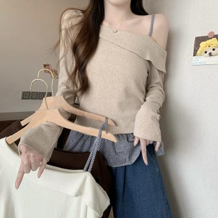FA43359# 新版韩风设计感格子拼接假两件斜肩褶皱上衣 服裝批發女裝批發服飾貨源
