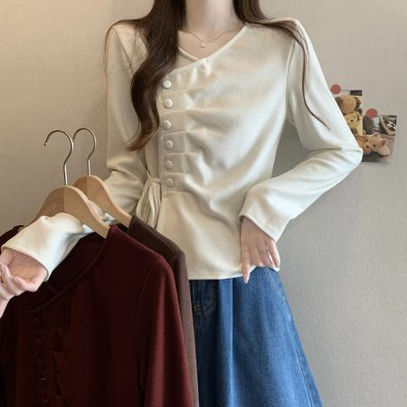 FA43360# 新版韩风设计感不规则褶皱长袖针织衫 服裝批發女裝批發服飾貨源