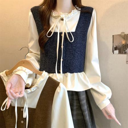 FA43362# 新版韩风设计感假两件拼接木耳边上衣衬衫 服裝批發女裝批發服飾貨源