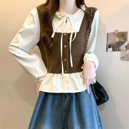 FA43362# 新版韩风设计感假两件拼接木耳边上衣衬衫 服裝批發女裝批發服飾貨源