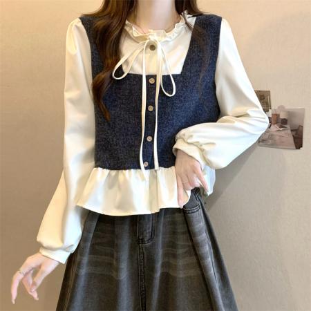 FA43362# 新版韩风设计感假两件拼接木耳边上衣衬衫 服裝批發女裝批發服飾貨源