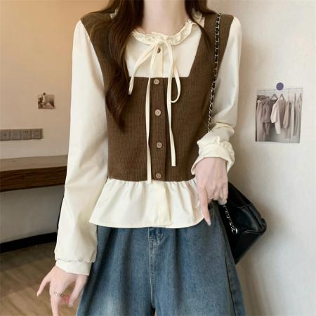 FA43362# 新版韩风设计感假两件拼接木耳边上衣衬衫 服裝批發女裝批發服飾貨源