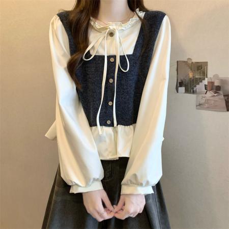 FA43362# 新版韩风设计感假两件拼接木耳边上衣衬衫 服裝批發女裝批發服飾貨源