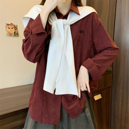 FA43364# 新版韩风设计感polo长袖衬衫+蝴蝶结披肩套装 服裝批發女裝批發服飾貨源