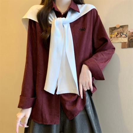 FA43364# 新版韩风设计感polo长袖衬衫+蝴蝶结披肩套装 服裝批發女裝批發服飾貨源