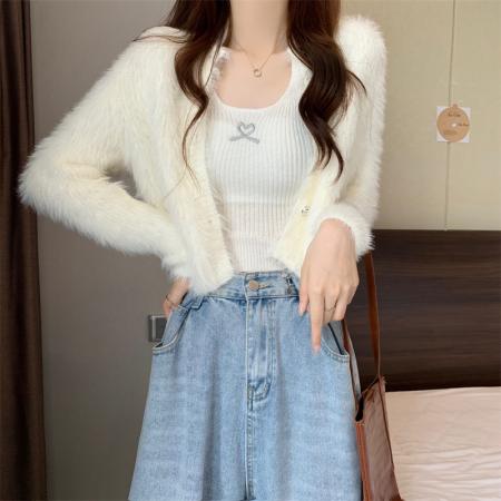 FA43366# 新版韩风设计感软糯水貂绒开衫外套+内搭背心套装 服裝批發女裝批發服飾貨源