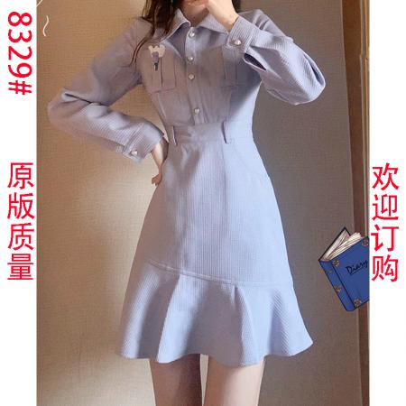 FA43369# 法式Polo连衣裙春秋女新款气质收腰超修身温柔风紫色裙子 服裝批發女裝批發服飾貨源