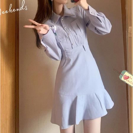 FA43369# 法式Polo连衣裙春秋女新款气质收腰超修身温柔风紫色裙子 服裝批發女裝批發服飾貨源