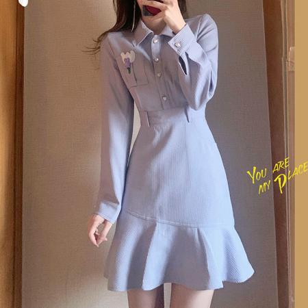 FA43369# 法式Polo连衣裙春秋女新款气质收腰超修身温柔风紫色裙子 服裝批發女裝批發服飾貨源
