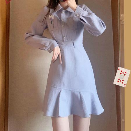 FA43369# 法式Polo连衣裙春秋女新款气质收腰超修身温柔风紫色裙子 服裝批發女裝批發服飾貨源