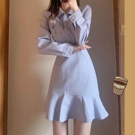 FA43369# 法式Polo连衣裙春秋女新款气质收腰超修身温柔风紫色裙子 服裝批發女裝批發服飾貨源