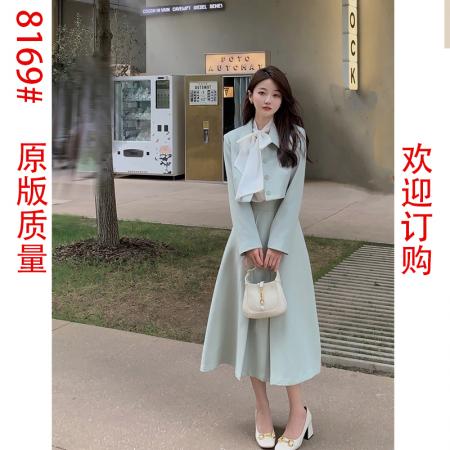 FA43371# 秋季新款小个子绿色高腰修身短款长袖外套半身裙两件套 服裝批發女裝批發服飾貨源