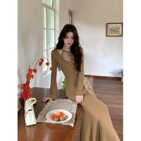 FA43376# 木子李的李焦糖绣影假两件优雅风连衣裙蕾丝修身垂感鱼尾长裙 服裝批發女裝批發服飾貨源