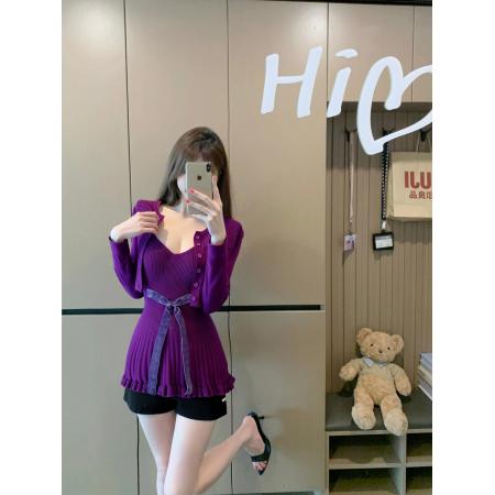 FA43377# 长袖针织开衫紫色v领蝴蝶结吊带上衣两件套女秋季穿搭 服裝批發女裝批發服飾貨源