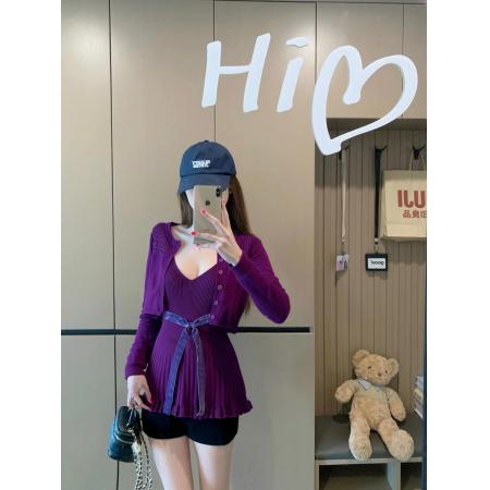 FA43377# 长袖针织开衫紫色v领蝴蝶结吊带上衣两件套女秋季穿搭 服裝批發女裝批發服飾貨源