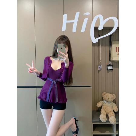 FA43377# 长袖针织开衫紫色v领蝴蝶结吊带上衣两件套女秋季穿搭 服裝批發女裝批發服飾貨源
