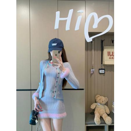 FA43378# 蓝花楹温柔毛感拼接针织连衣裙+开衫外套女秋 服裝批發女裝批發服飾貨源