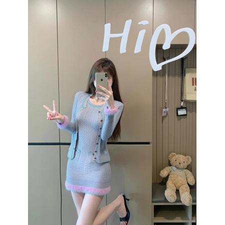 FA43378# 蓝花楹温柔毛感拼接针织连衣裙+开衫外套女秋 服裝批發女裝批發服飾貨源