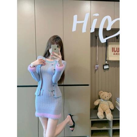 FA43378# 蓝花楹温柔毛感拼接针织连衣裙+开衫外套女秋 服裝批發女裝批發服飾貨源