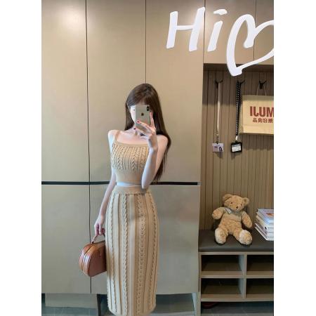 FA43381# 麻花针织吊带背心包臀微弹半身长裙套装 服裝批發女裝批發服飾貨源