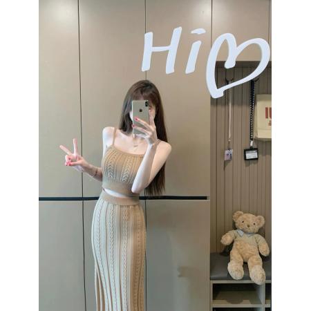 FA43381# 麻花针织吊带背心包臀微弹半身长裙套装 服裝批發女裝批發服飾貨源