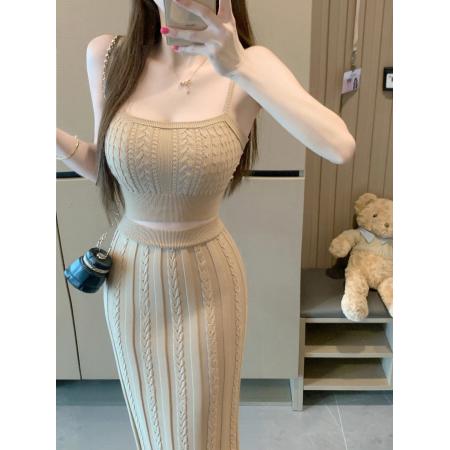 FA43381# 麻花针织吊带背心包臀微弹半身长裙套装 服裝批發女裝批發服飾貨源
