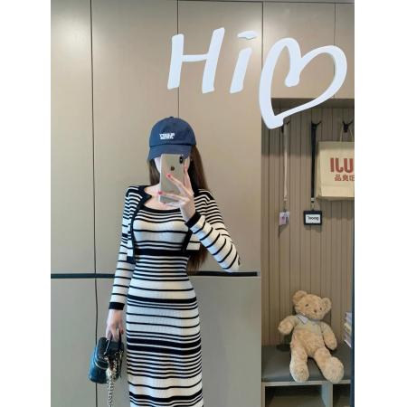 FA43382# 套装女条纹吊带长裙针织开衫两件套 服裝批發女裝批發服飾貨源
