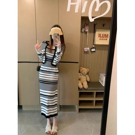 FA43382# 套装女条纹吊带长裙针织开衫两件套 服裝批發女裝批發服飾貨源
