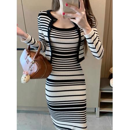 FA43382# 套装女条纹吊带长裙针织开衫两件套 服裝批發女裝批發服飾貨源
