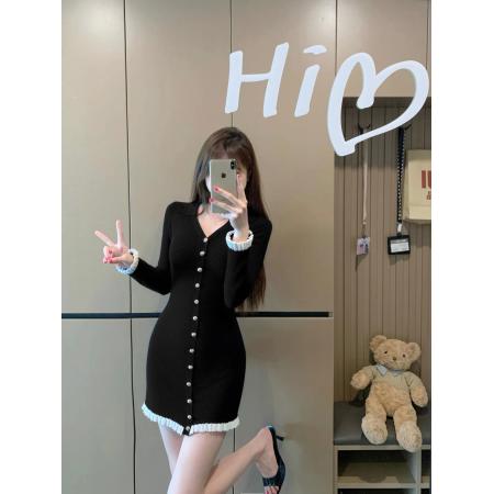 FA43383# 小香风短裙女小个子少女富家千金感针织连衣裙修身法式小黑裙 服裝批發女裝批發服飾貨源