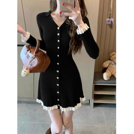 FA43383# 小香风短裙女小个子少女富家千金感针织连衣裙修身法式小黑裙 服裝批發女裝批發服飾貨源