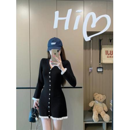 FA43383# 小香风短裙女小个子少女富家千金感针织连衣裙修身法式小黑裙 服裝批發女裝批發服飾貨源
