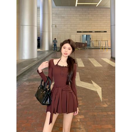 FA43384# 假两件蕾丝吊带连衣裙女秋季收腰设计裙子 服裝批發女裝批發服飾貨源