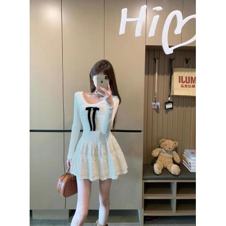 FA43387# 千金感连衣裙女夏针织裙子生日裙白色毛织 服裝批發女裝批發服飾貨源