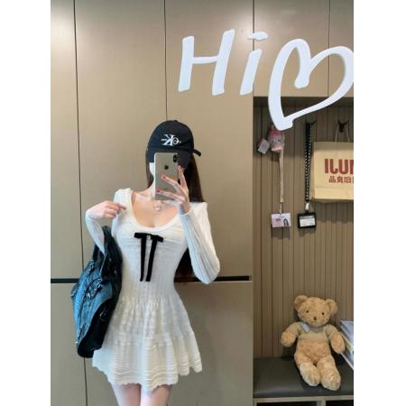 FA43387# 千金感连衣裙女夏针织裙子生日裙白色毛织 服裝批發女裝批發服飾貨源