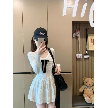 FA43387# 千金感连衣裙女夏针织裙子生日裙白色毛织 服裝批發女裝批發服飾貨源