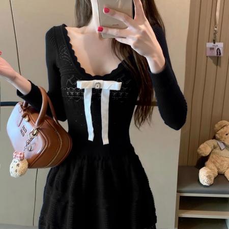 FA43387# 千金感连衣裙女夏针织裙子生日裙白色毛织 服裝批發女裝批發服飾貨源