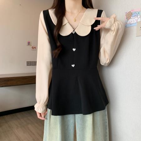 FA43391# 秋季新品大码女装胖MM娃娃领撞色拼接法式洋气显瘦假两件上衣 服裝批發女裝批發服飾貨源