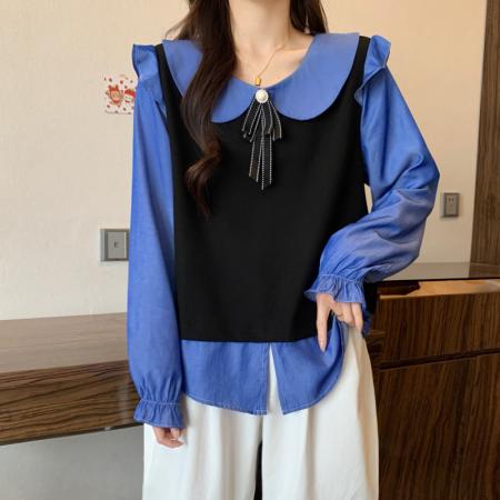 FA43393# 秋季新品大码女装胖MM娃娃领假两件马甲长袖减龄巨显瘦上衣 服裝批發女裝批發服飾貨源