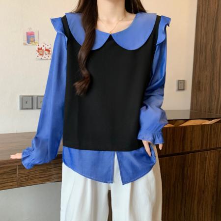 FA43393# 秋季新品大码女装胖MM娃娃领假两件马甲长袖减龄巨显瘦上衣 服裝批發女裝批發服飾貨源