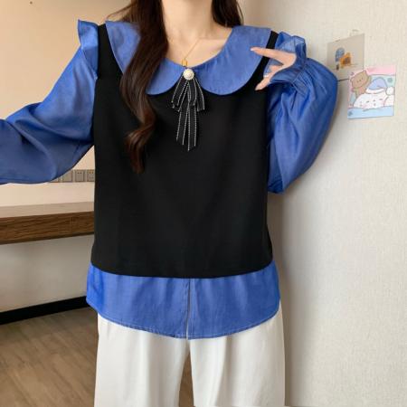FA43393# 秋季新品大码女装胖MM娃娃领假两件马甲长袖减龄巨显瘦上衣 服裝批發女裝批發服飾貨源