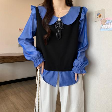 FA43393# 秋季新品大码女装胖MM娃娃领假两件马甲长袖减龄巨显瘦上衣 服裝批發女裝批發服飾貨源
