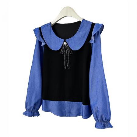 FA43393# 秋季新品大码女装胖MM娃娃领假两件马甲长袖减龄巨显瘦上衣 服裝批發女裝批發服飾貨源