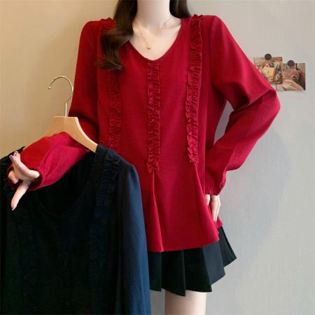 FA43394# 大码女装胖MM秋新款法式V领木耳收腰遮肚设计感显瘦减龄上衣 服裝批發女裝批發服飾貨源