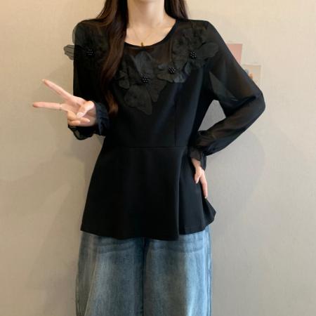 FA43395# 大码女装胖MM秋款立体花拼贴显瘦收腰遮肚洋气小众设计感上衣 服裝批發女裝批發服飾貨源