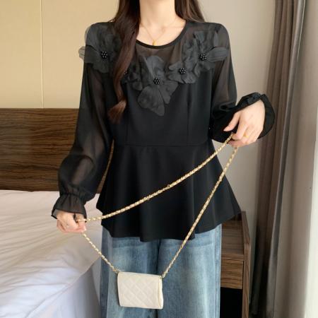 FA43395# 大码女装胖MM秋款立体花拼贴显瘦收腰遮肚洋气小众设计感上衣 服裝批發女裝批發服飾貨源